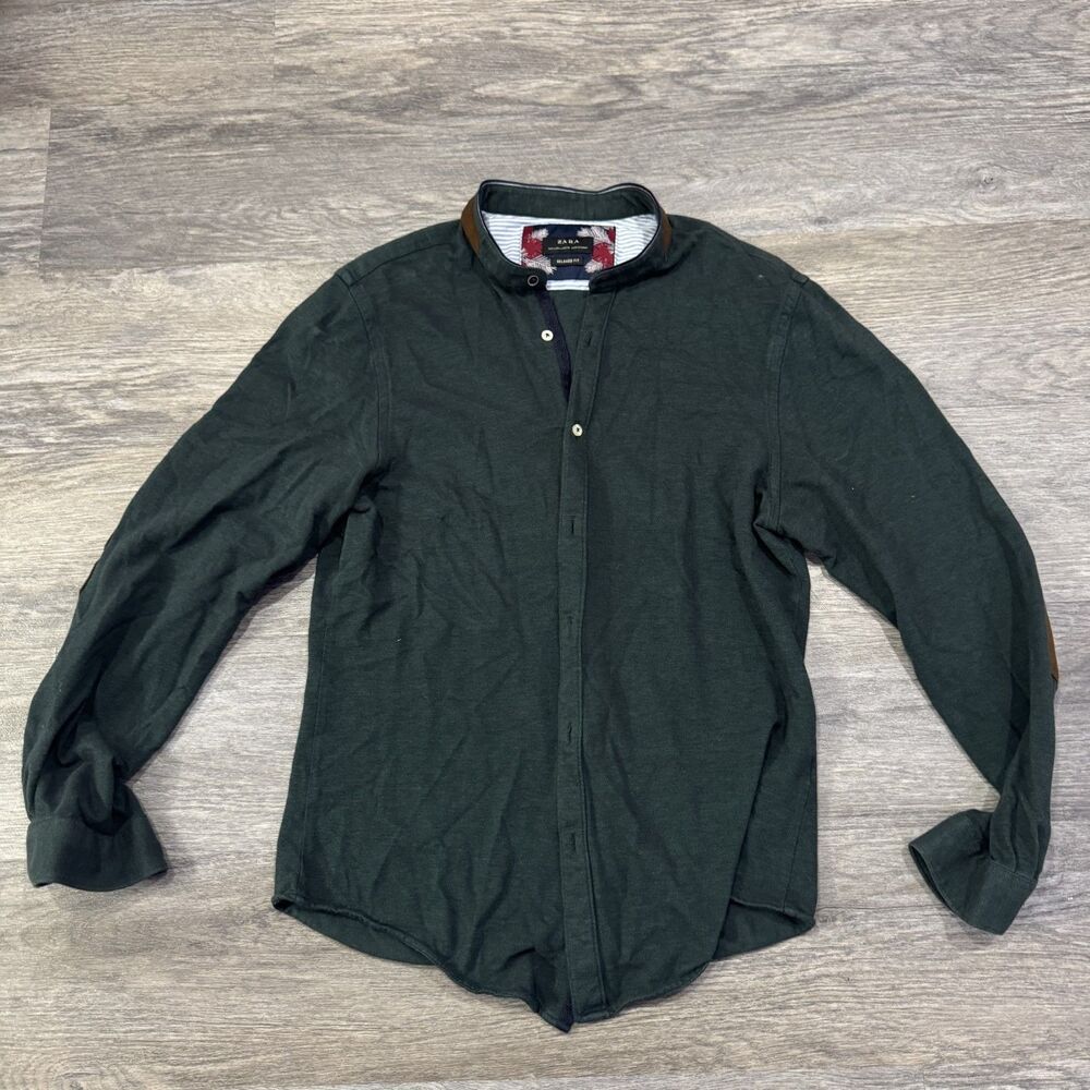 Zara Shirt Mens Large Green Relaxed Fit Brown Elbow Patch Long Sleeve Button Up